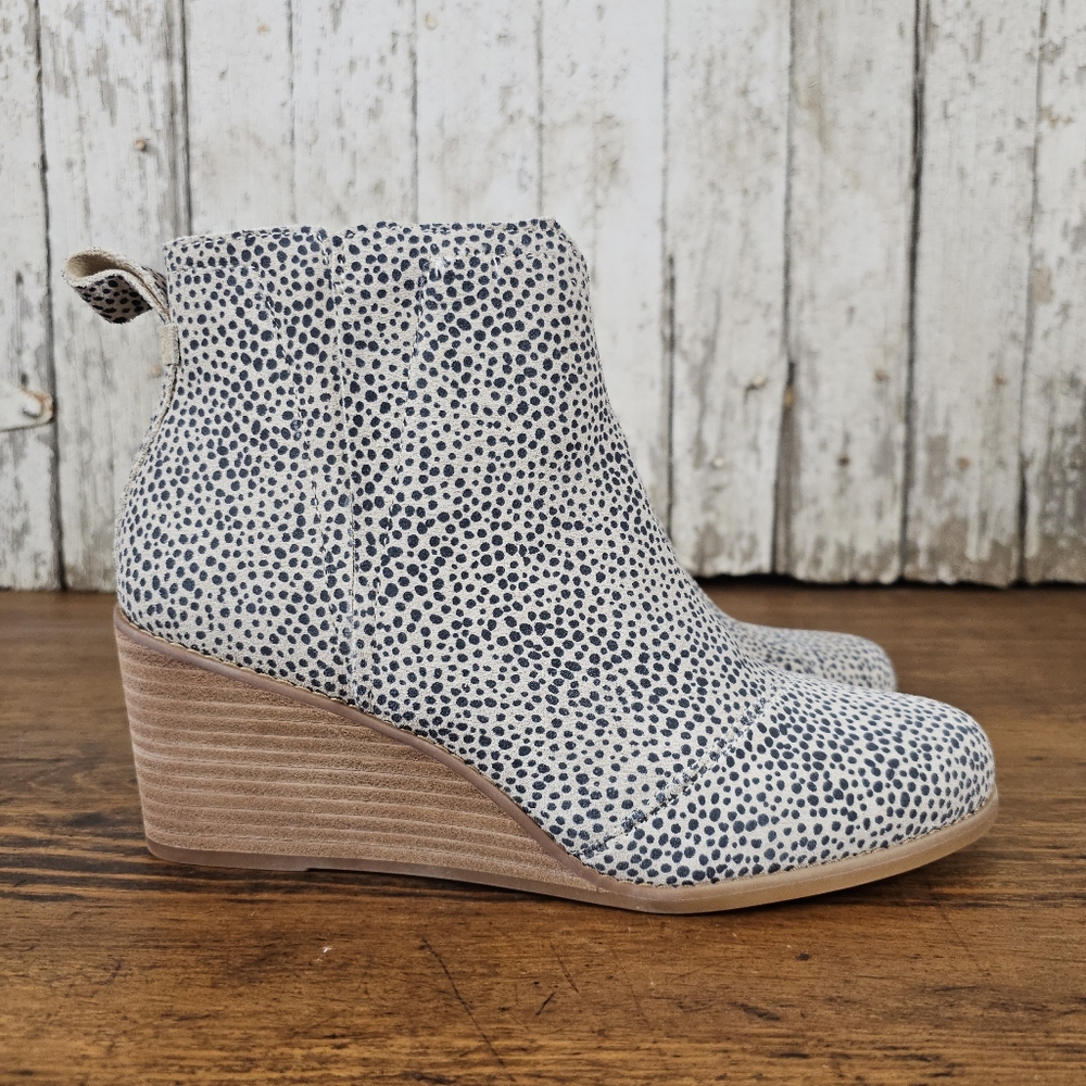Toms Brand Clare Wedge Booties in a Suede Mini Cheetah Print.